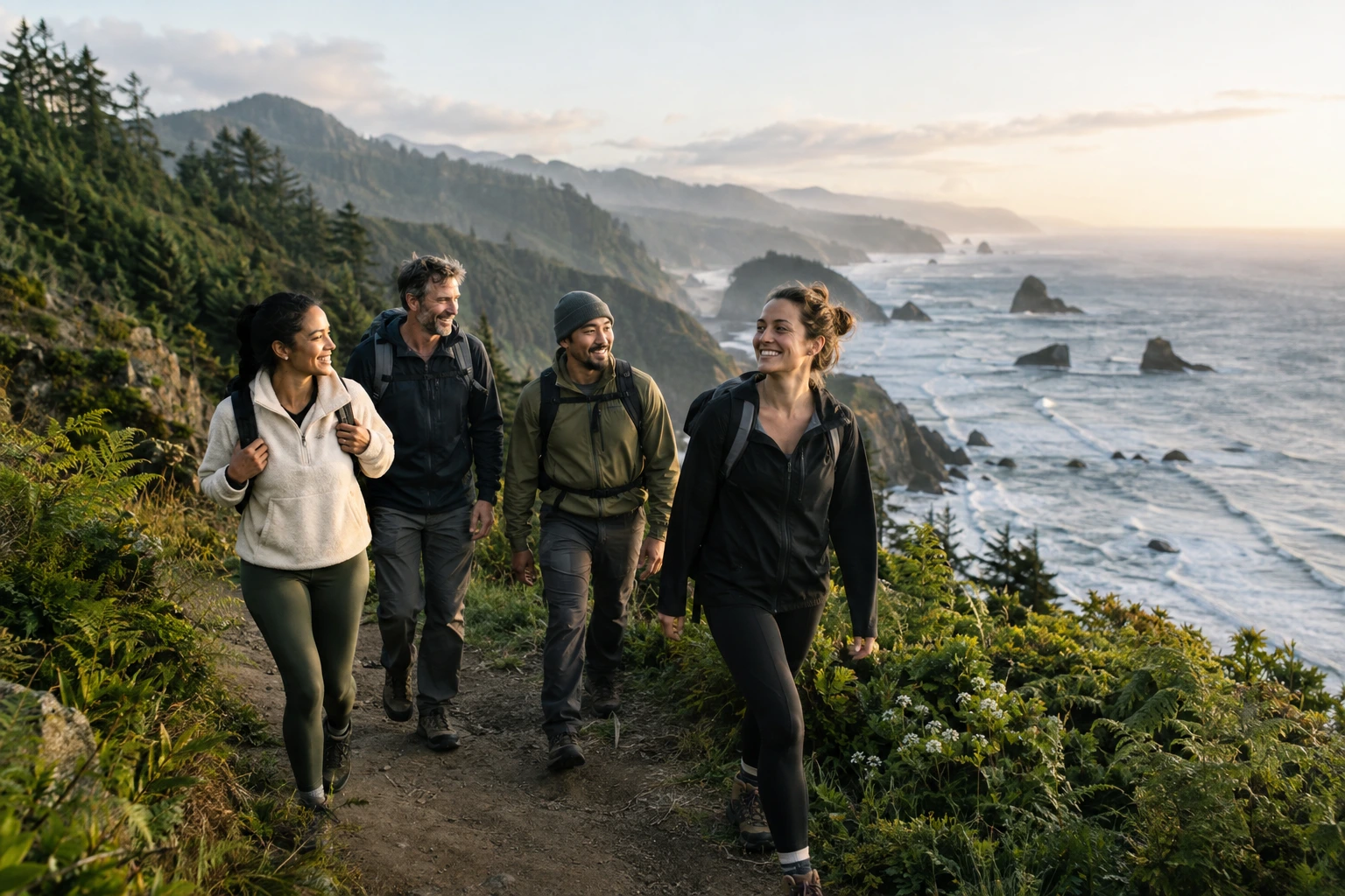 A small group walking together along a green coastal trail