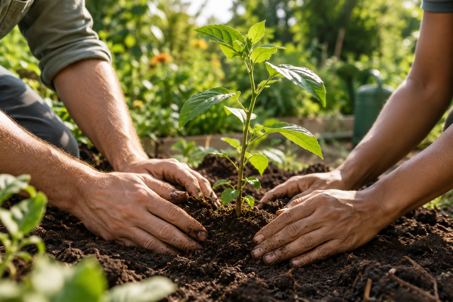 Hands planting a young native tree in a community garden