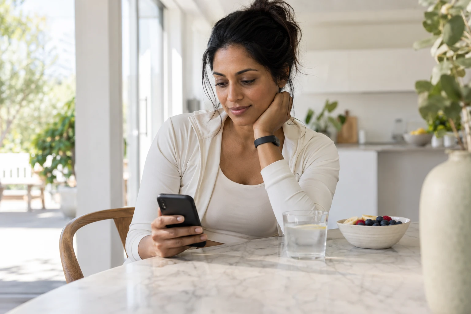 Woman checking her phone at home after morning exercise