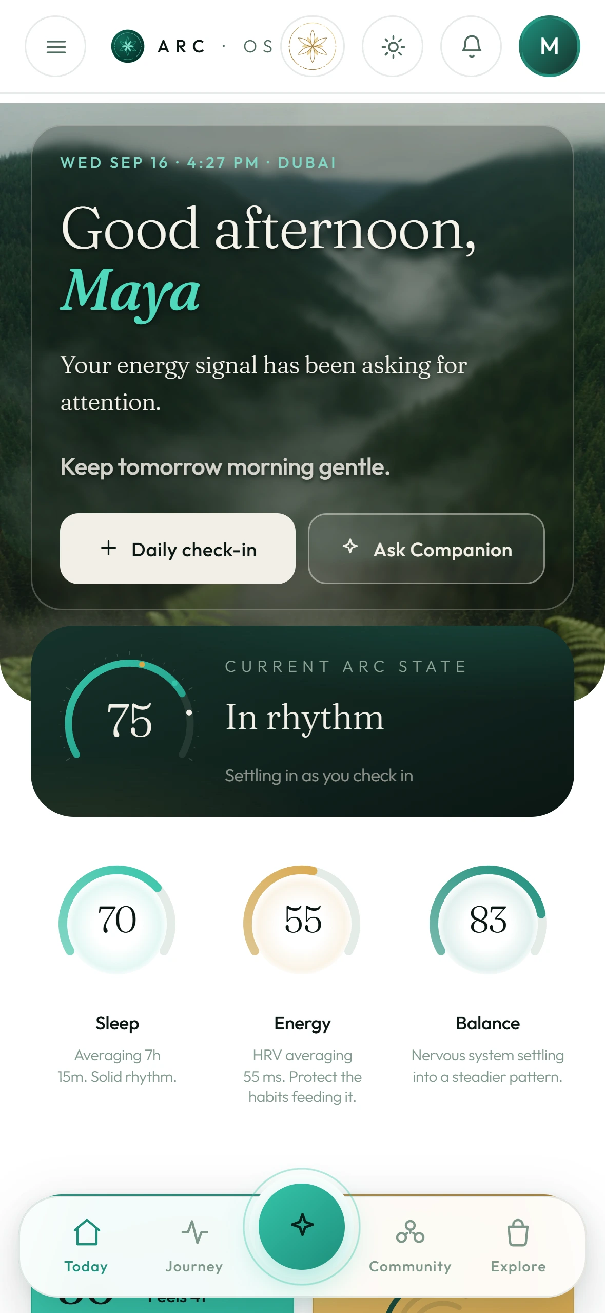 ARC Today screen with daily check-in and wellbeing signals