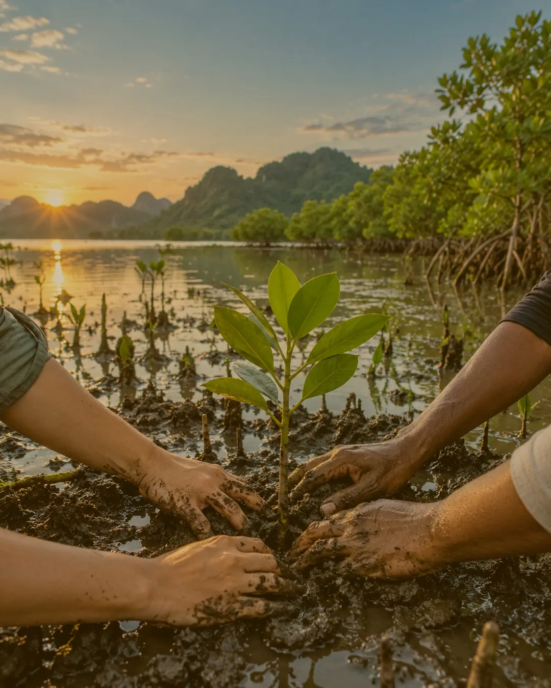 Hands planting a mangrove seedling at sunset