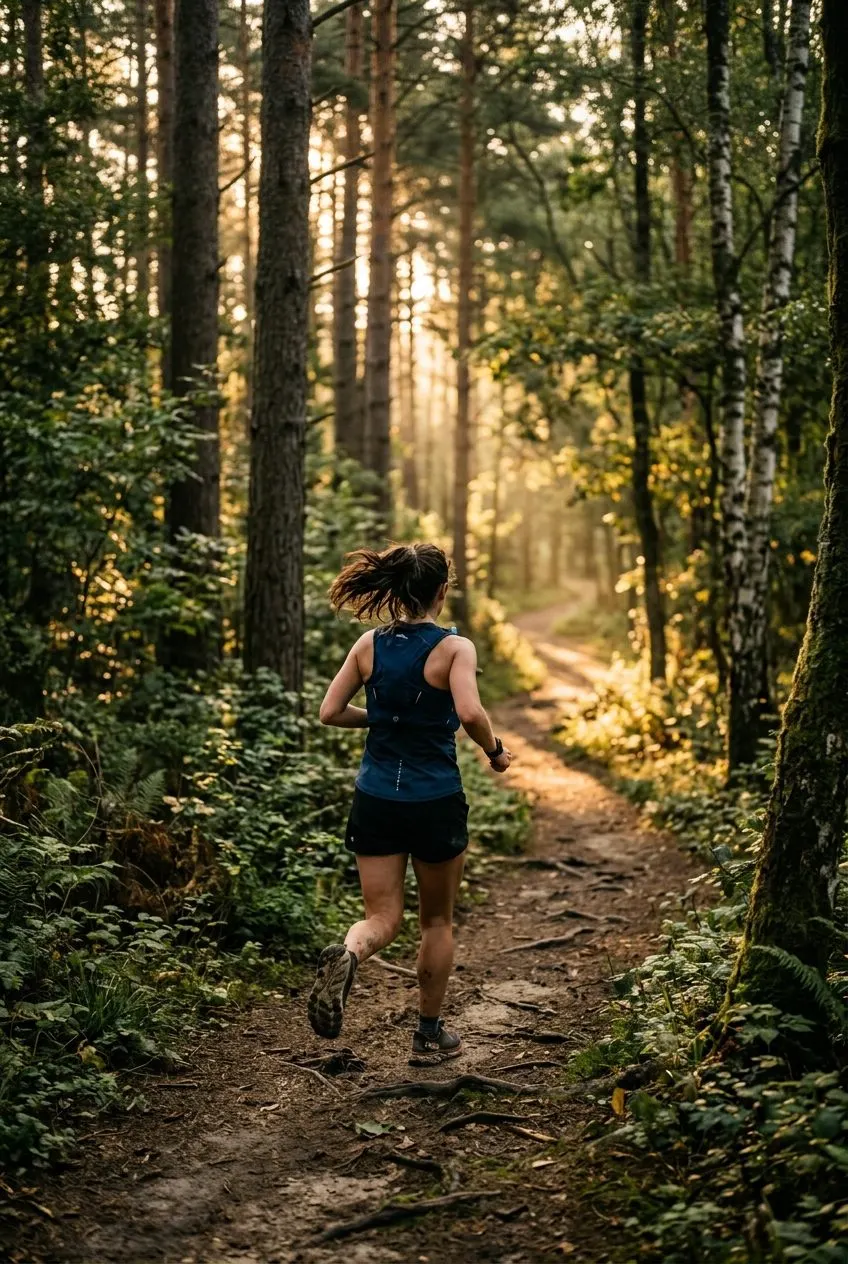 A trail runner on a forest path at sunrise