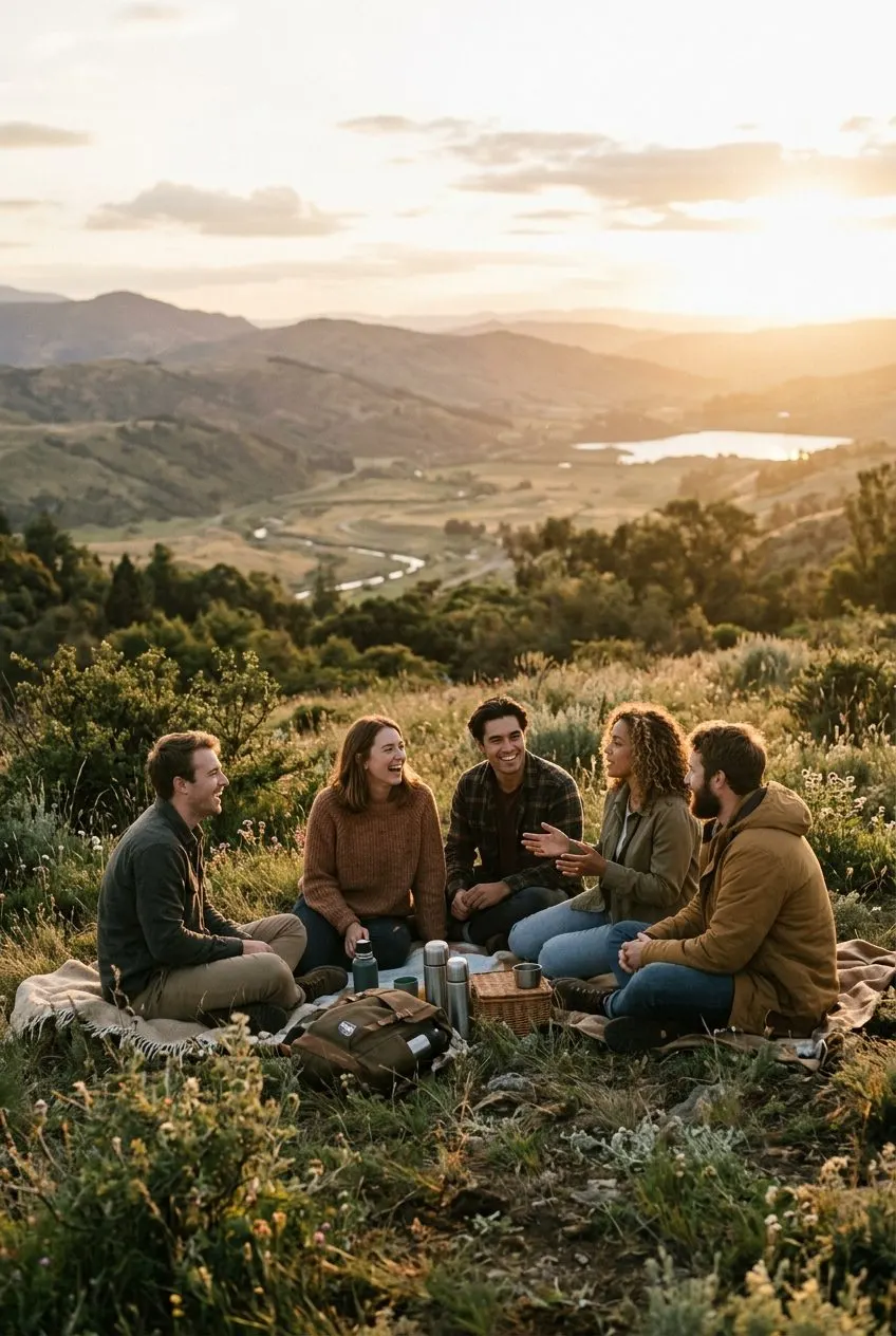 Friends sharing a picnic on a hillside at golden hour