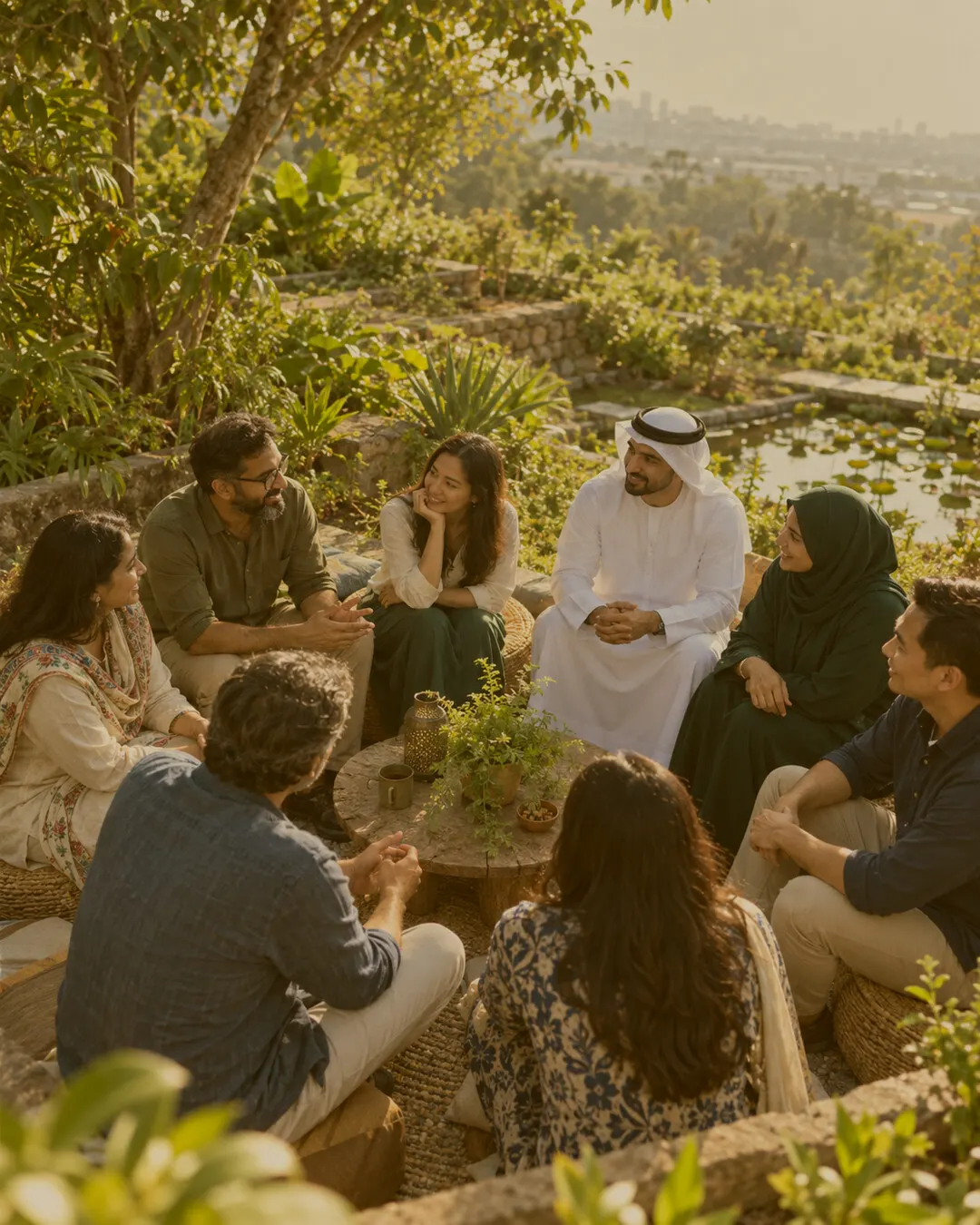 A circle of friends talking in a garden above the city