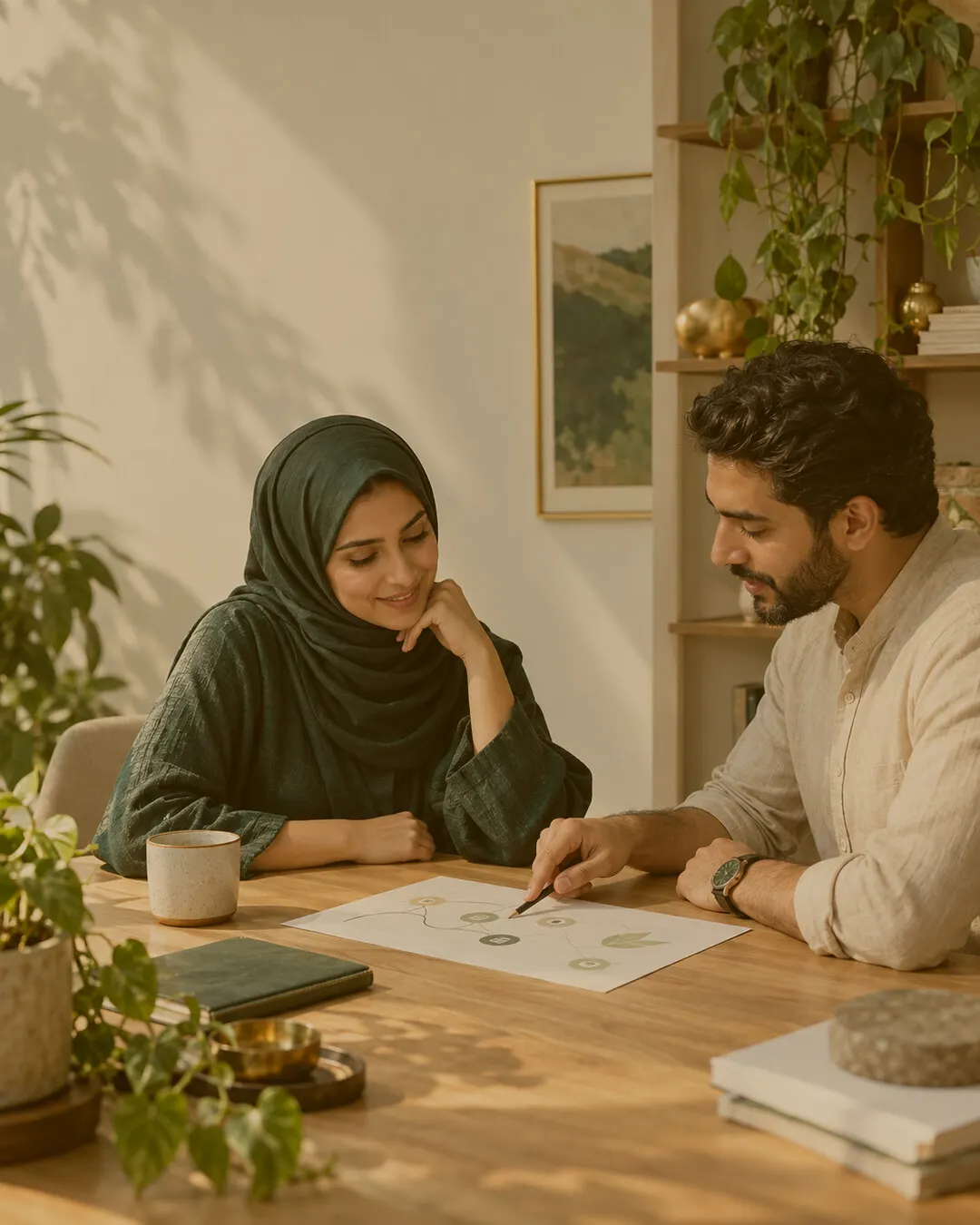 Two people going over a plan together at a table