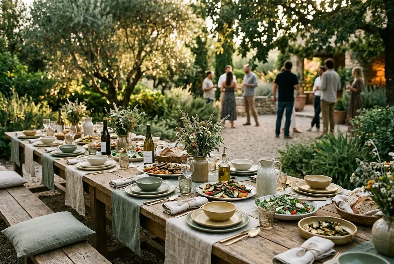 A long table set for dinner in an olive garden
