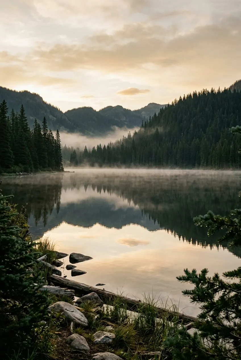 A still mountain lake at dawn