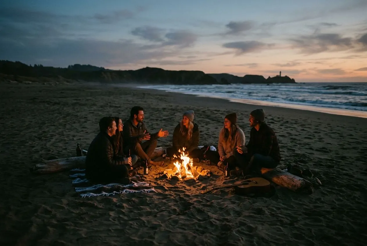 Friends around a beach fire at dusk