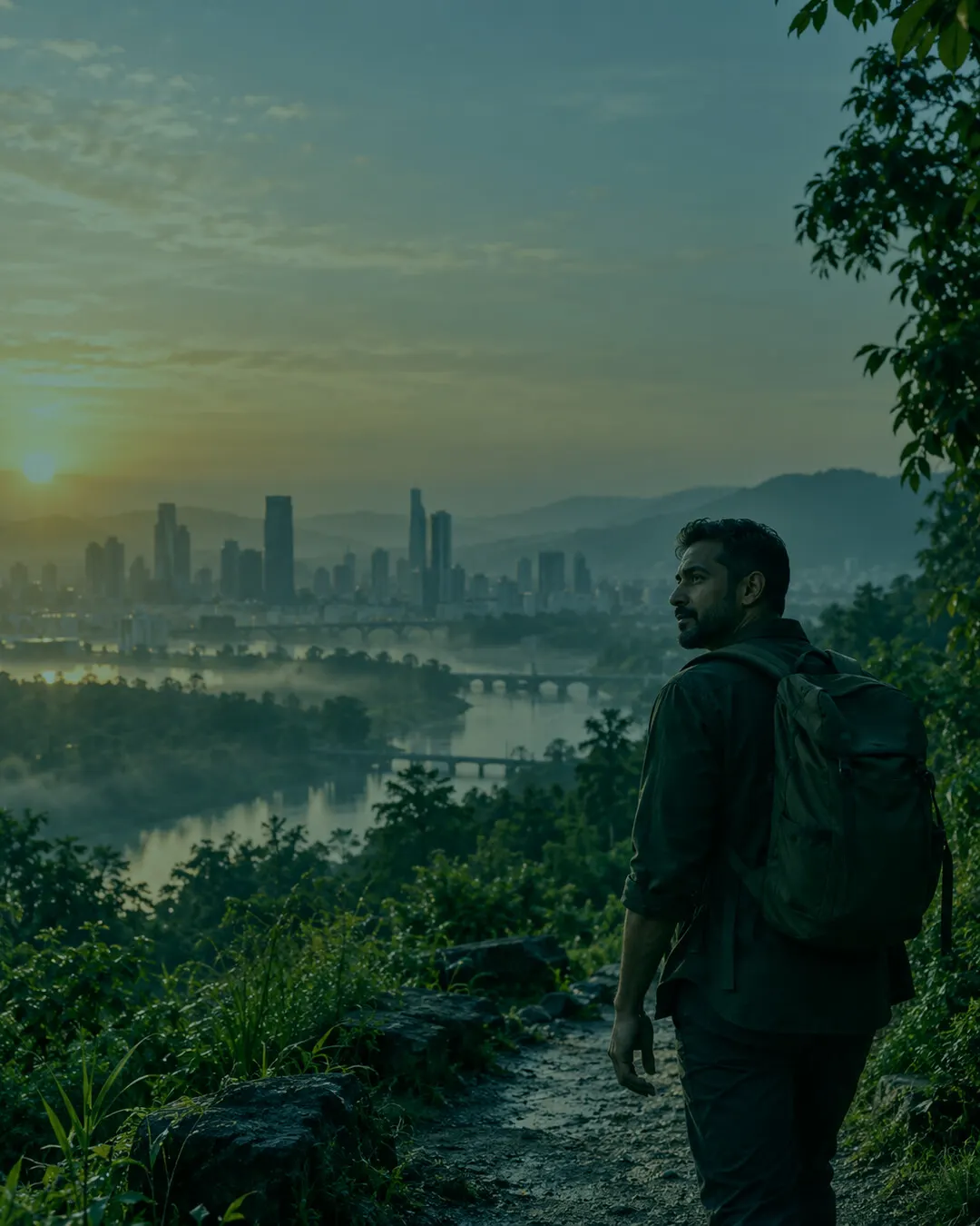 A man looking out over a city waking up at dawn