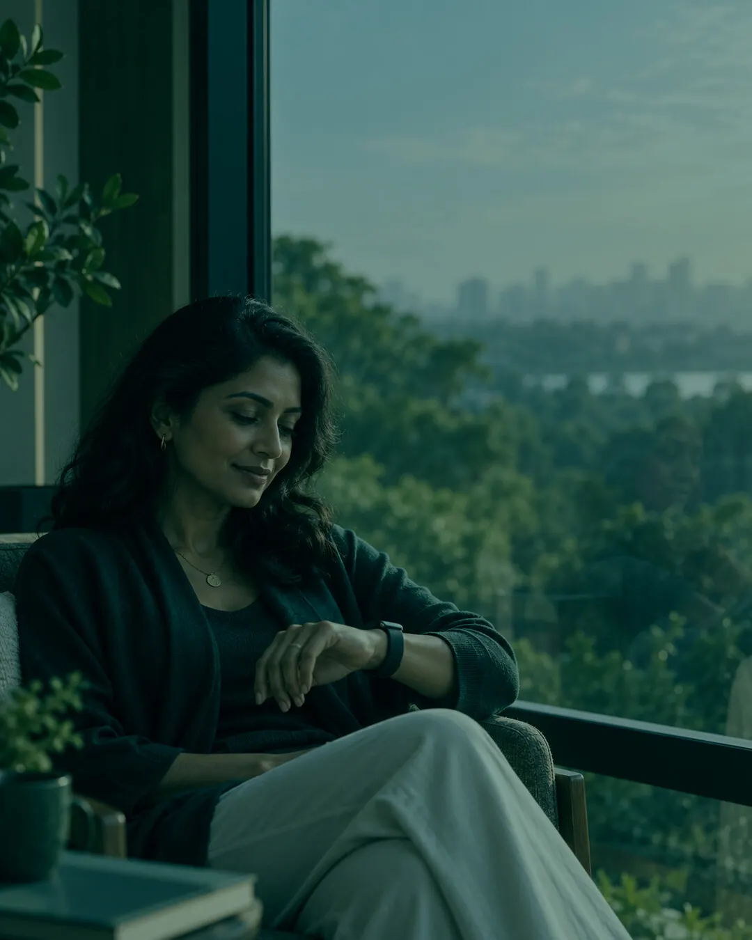 A woman glancing at her watch by a window overlooking the city