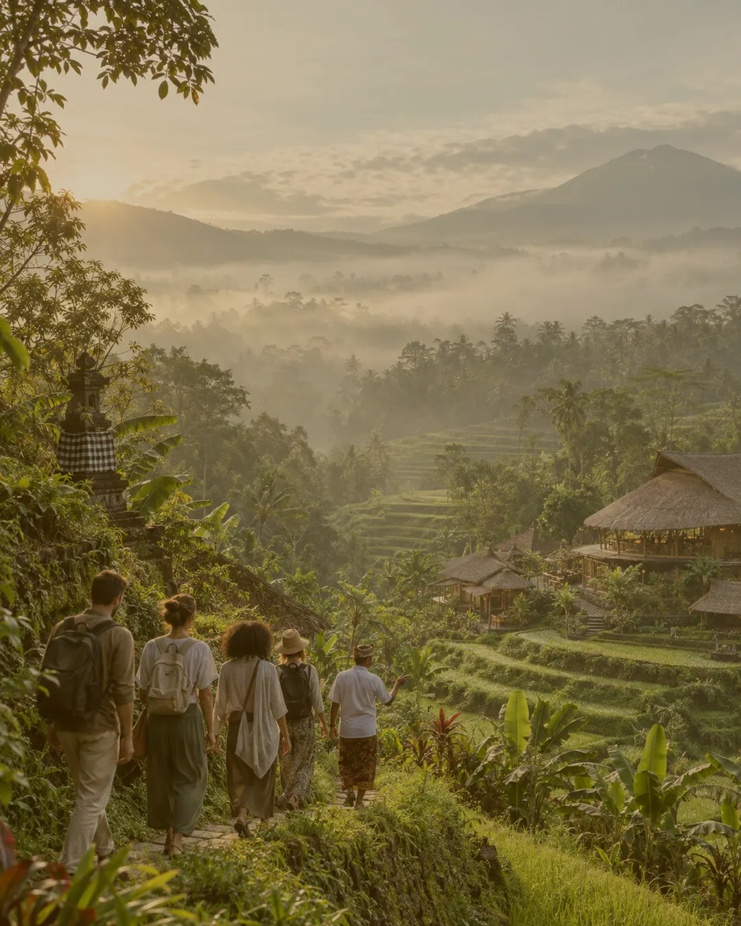 A small group walking through misty rice terraces at sunrise