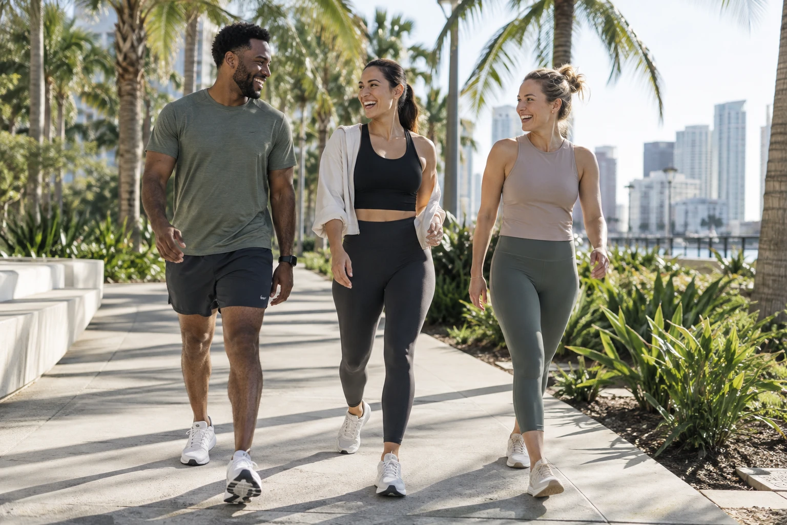 Three friends walking together in a sunny urban park